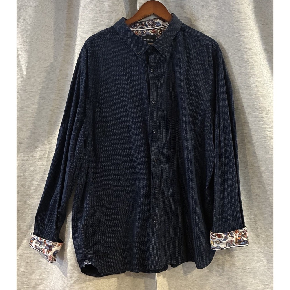 Denim & Flower Ricky Singh Mens Navy Blue Contrast Cuff Button Down Shirt 4XL